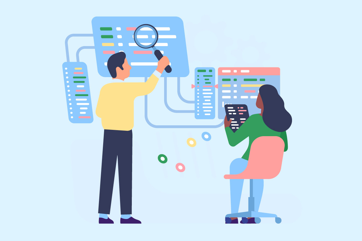 Vector image of engineers performing compatibility testing on website