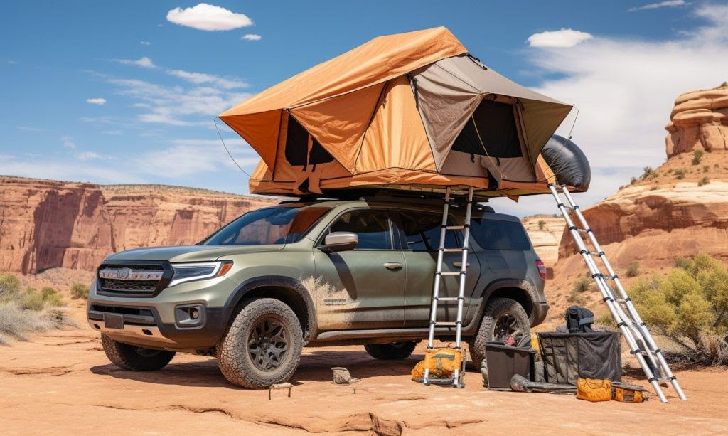 A SUV car having a camp set on top of it , with a ladder to climb on to it. It seems to be in middle of a desert.