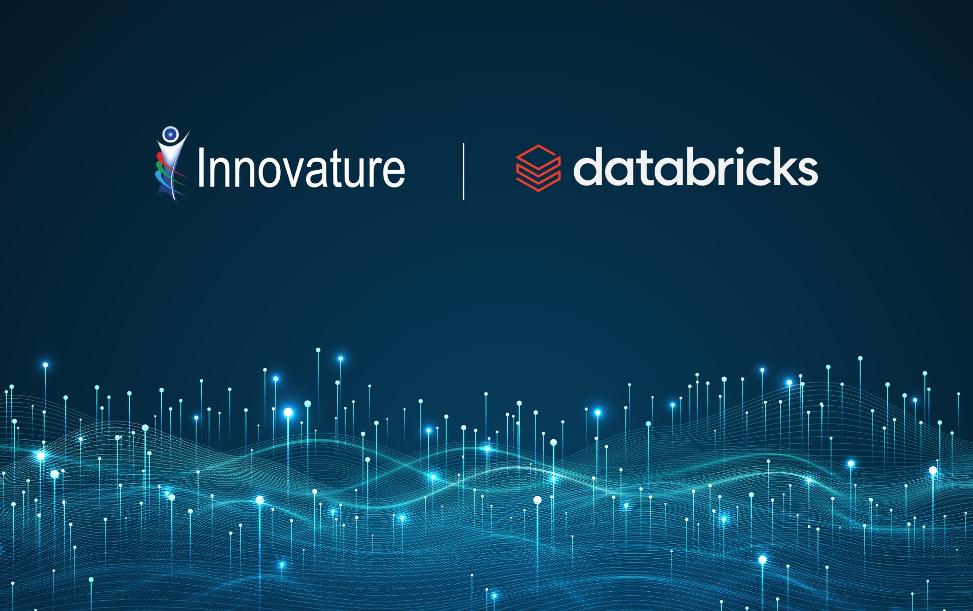 An image containing logos of Innovature and Databricks on a blue background with graphics symbolizing data