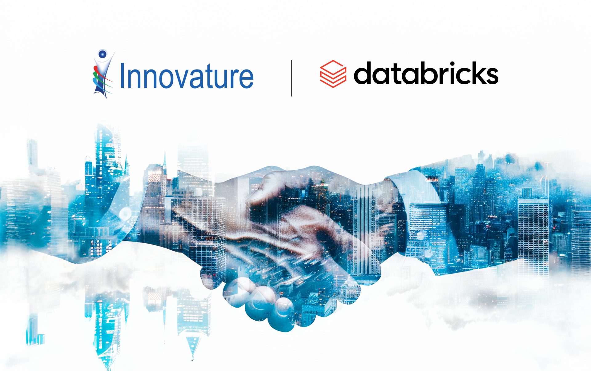 Logos of 'innovature' and 'Databricks', with hands shaking and building design within symbolizing partnership