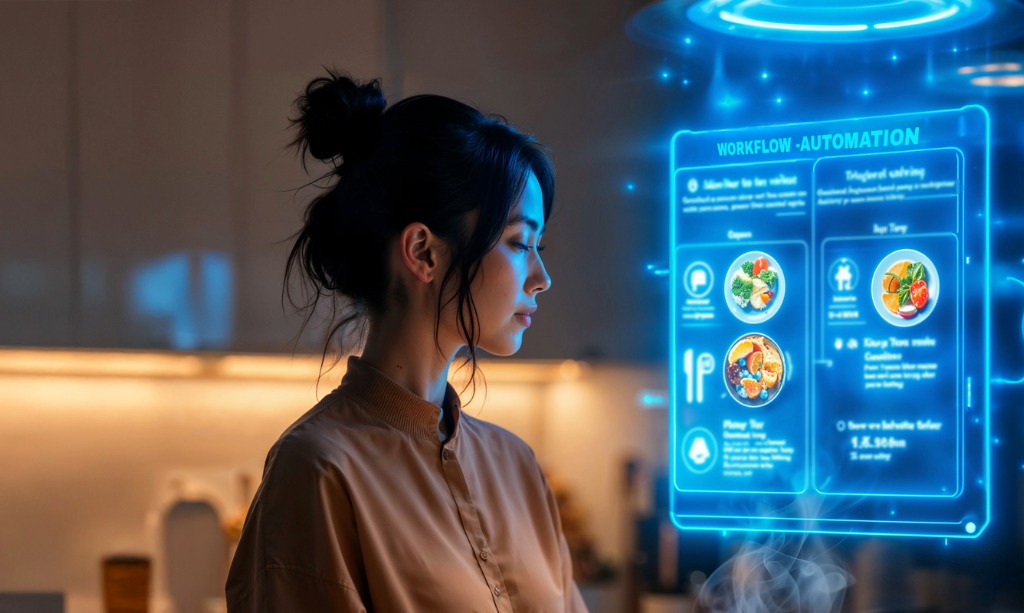 a woman looking at a virtual screen and performing task depicting a workflow