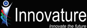 White logo of innovature on a black background