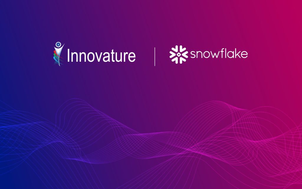 Logo of Innovature and Snowflake over a reddish pink background with white lines symbolizing waves and connection