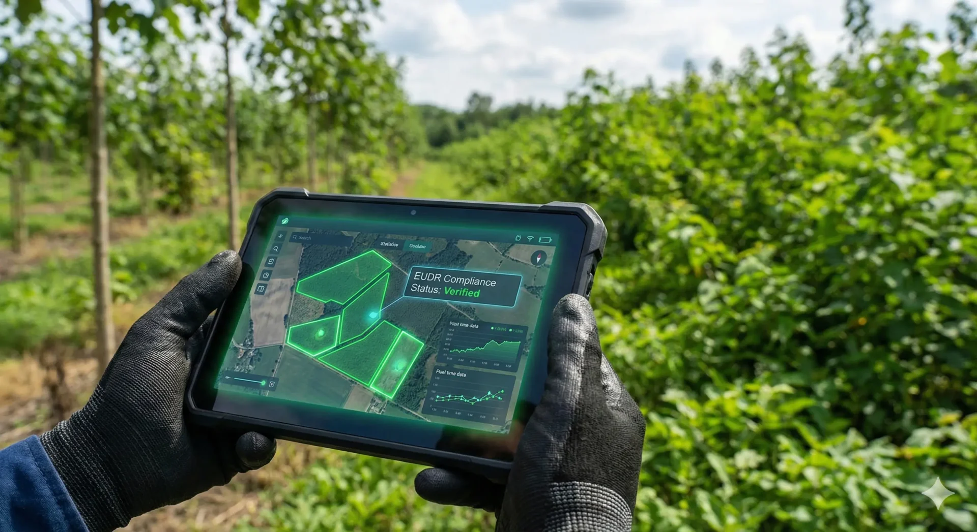 Close-up of a rugged tablet held in a biomass plantation, displaying a satellite map with green field boundaries and EUDR compliance status.