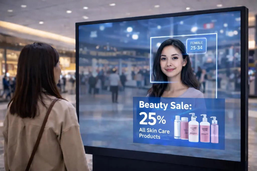 A woman standing in front of a Digital Signage screen which calculates the age of the person and recommends personalized products