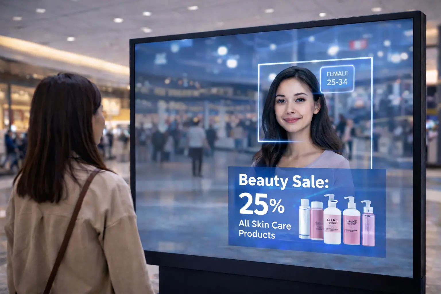 A woman standing in front of a Digital Signage screen which calculates the age of the person and recommends personalized products