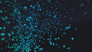 abstract concept of particles which represent data being fragmented