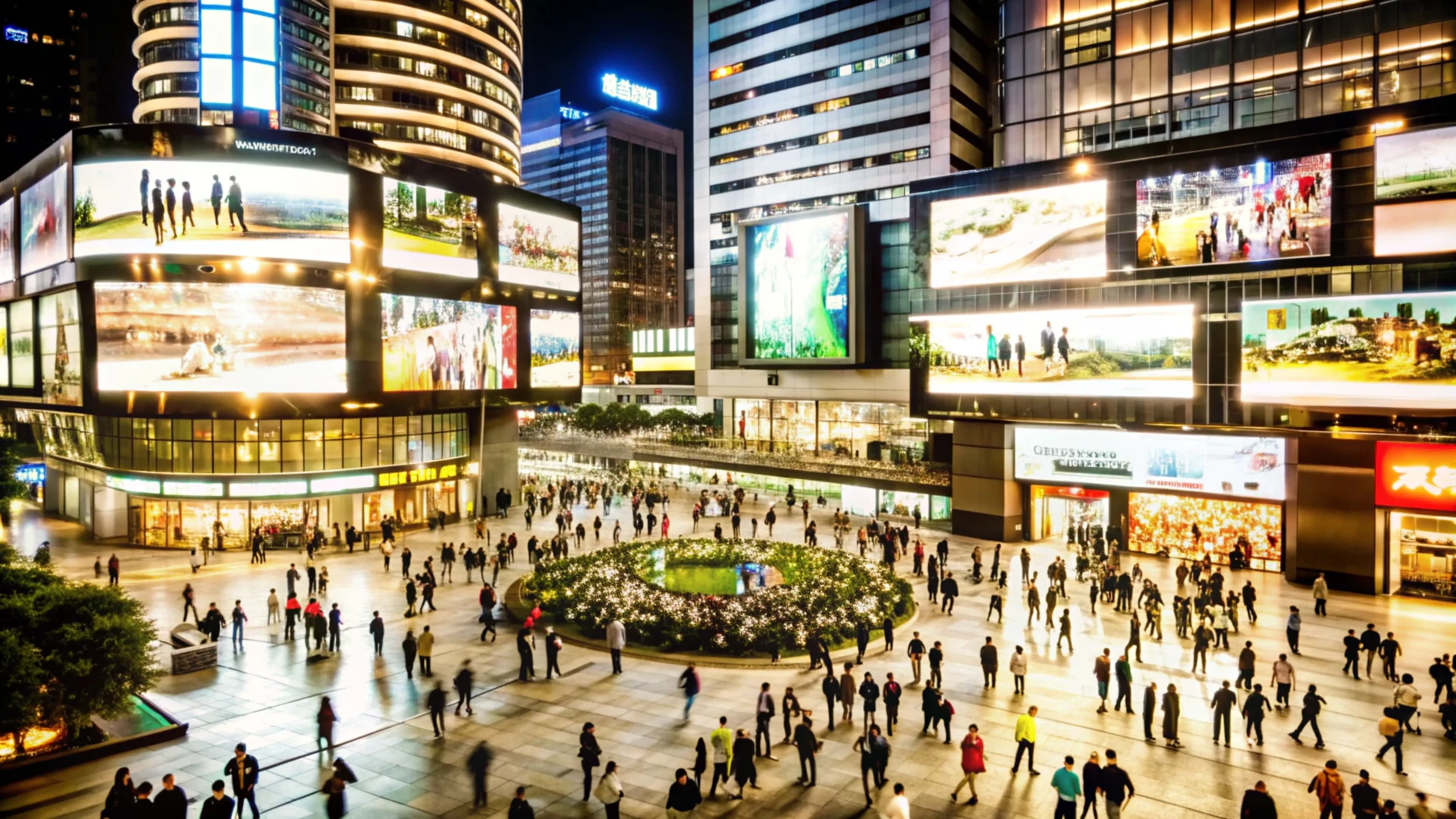 crowded-city-square-night-with-illuminated-buildings