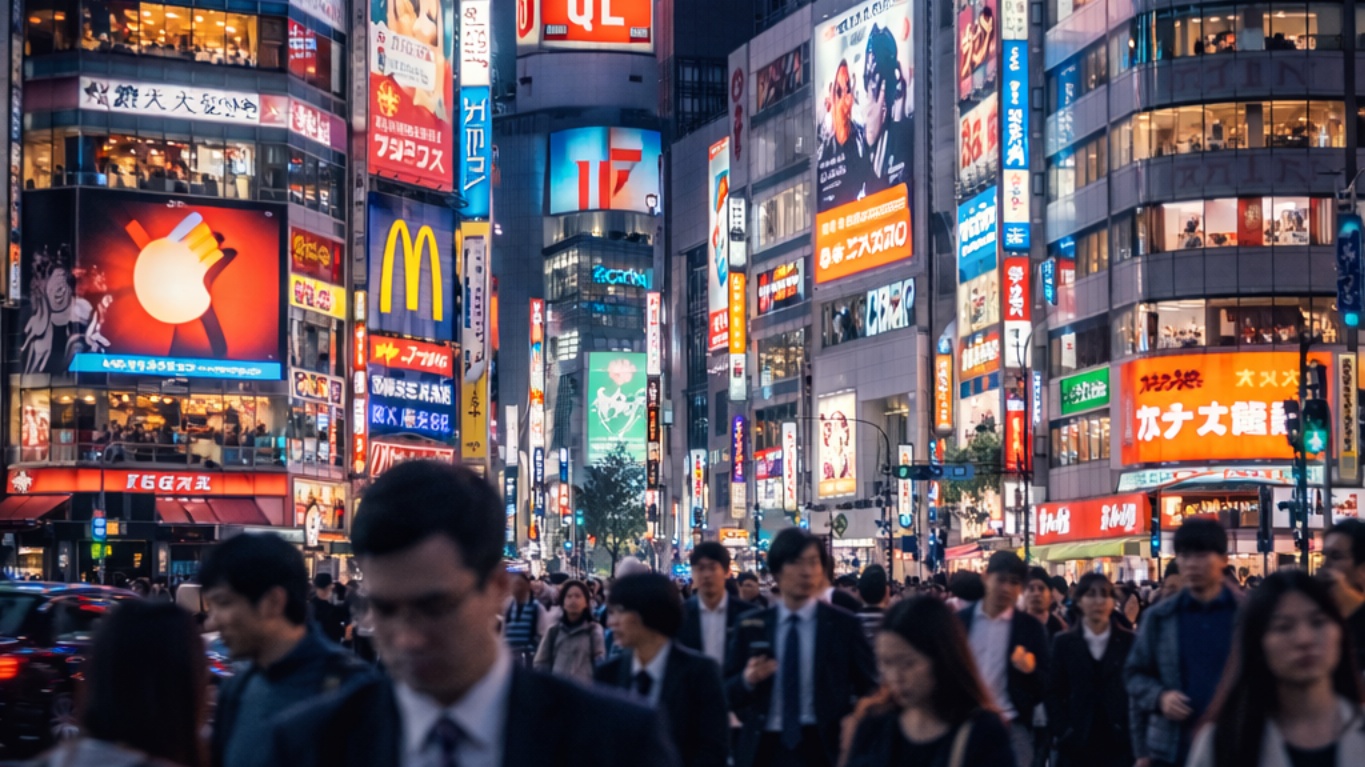The image of people who are looking at their phones and walking at night, there are a bunch of OOH boards on display within the image.