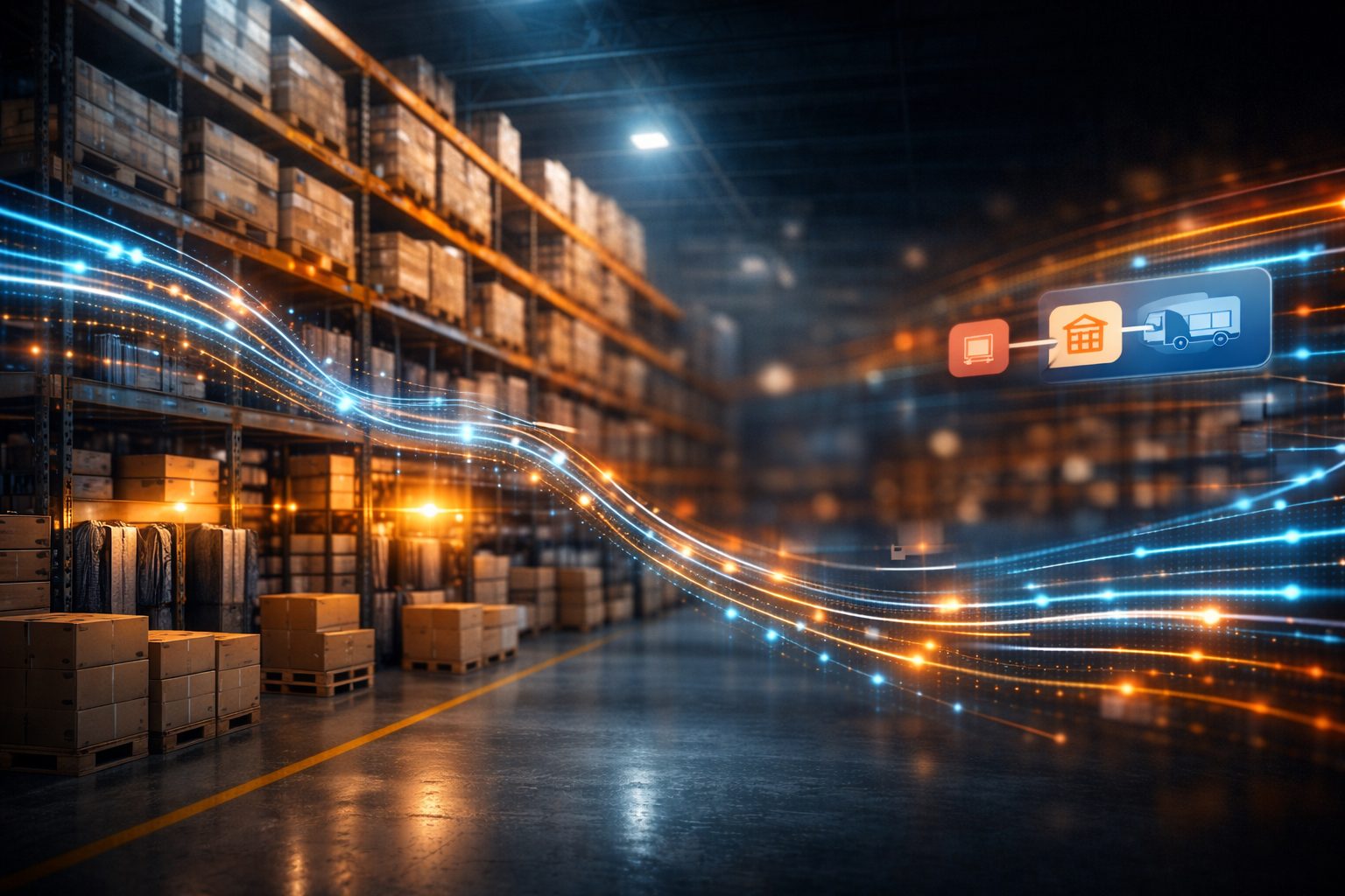 Photorealistic warehouse interior with stacked shelves and boxes, showing flowing digital data streams representing real-time inventory synchronization across retail systems