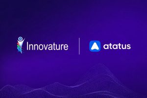 Logos of Innovature and Atatus in a violet neon background
