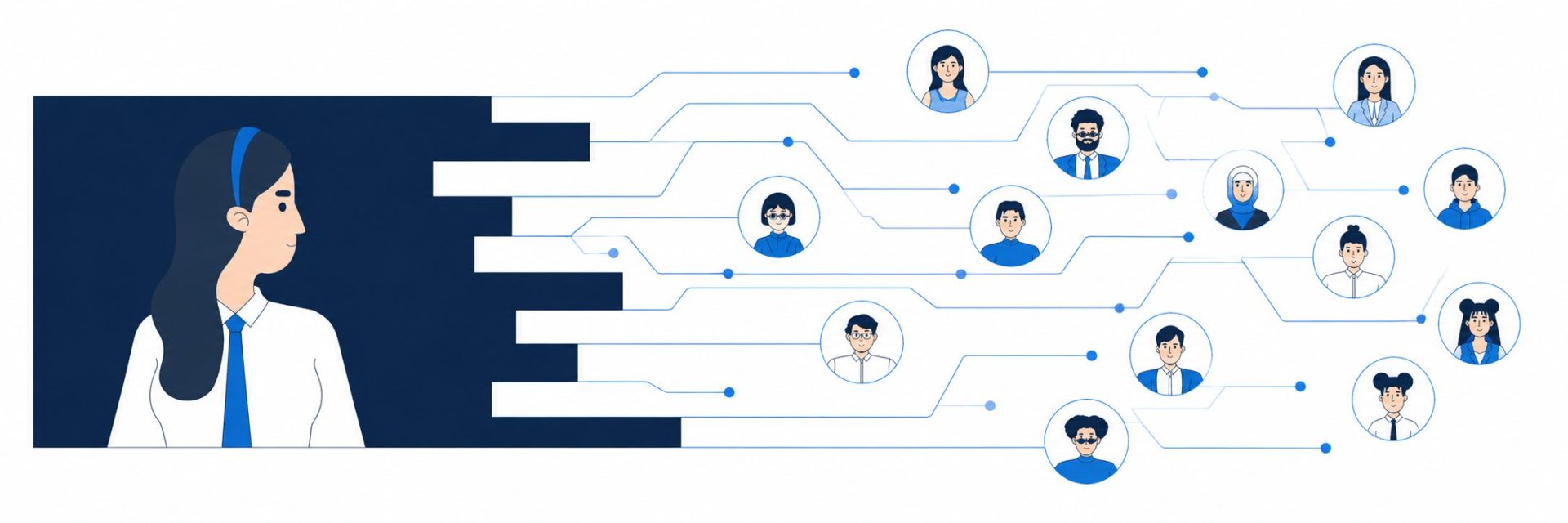 This is a conceptual banner visual representing AI-enabled project delivery—how teams, workflows, and outcomes are interconnected and accelerated through AI.