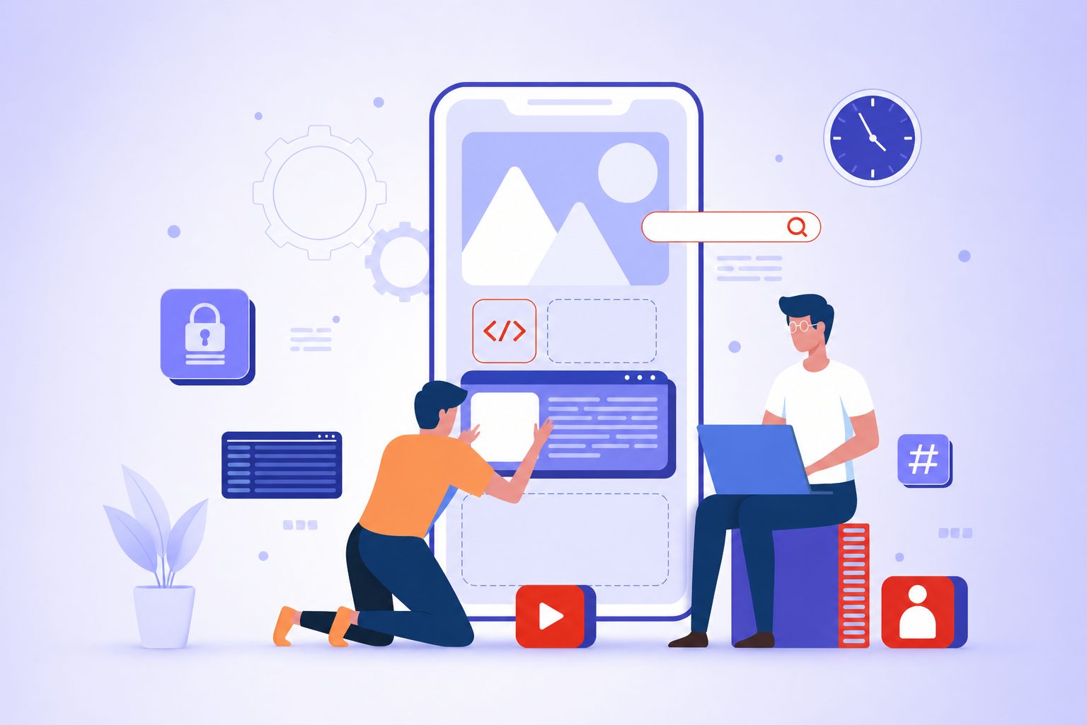 Illustration of developers testing a mobile application interface for usability and accessibility