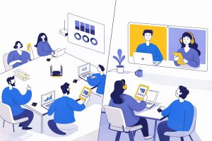 vector representation of a collage of people sitting around a table and people talking to each other via tele-conference