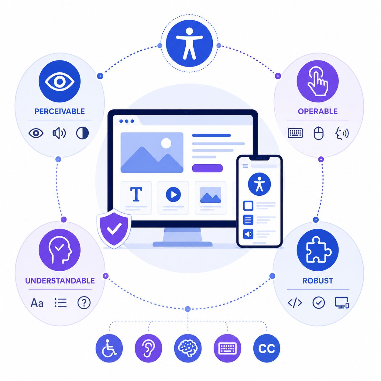 Infographic illustration of WCAG accessibility principles showing Perceivable, Operable, Understandable, and Robust concepts connected around accessible desktop and mobile interfaces with accessibility icons and assistive technology symbols.