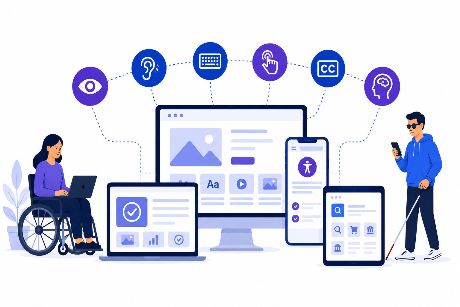 Illustration of inclusive digital accessibility across desktop, mobile, and tablet devices, featuring accessibility icons and diverse users interacting with accessible interfaces and assistive technologies