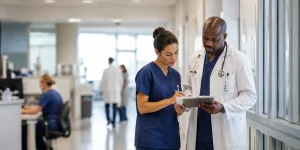 Healthcare professionals reviewing patient information together in a modern hospital corridor with soft natural lighting and a calm clinical atmosphere.