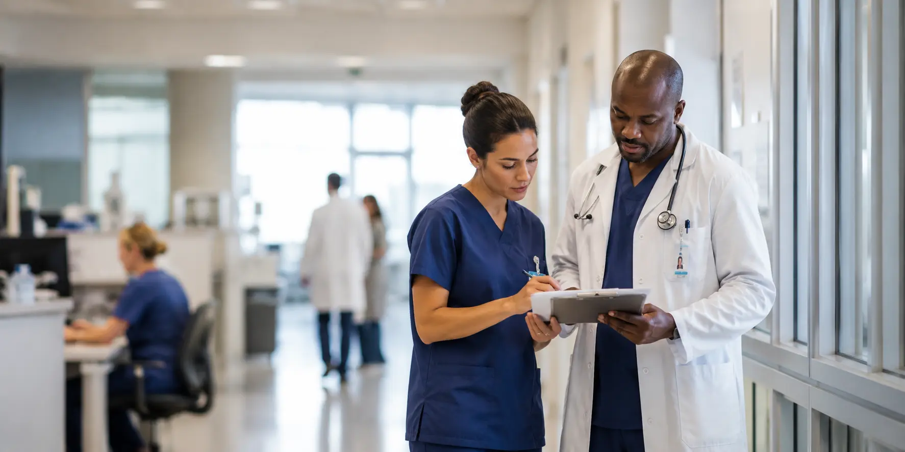 Healthcare professionals reviewing patient information together in a modern hospital corridor with soft natural lighting and a calm clinical atmosphere.