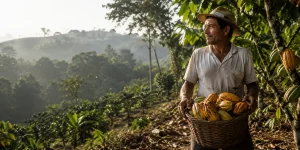 Authentic cocoa farmer carrying freshly harvested cocoa pods through a lush tropical plantation at sunrise, with soft morning light, dense green foliage, and natural documentary-style composition suitable for a sustainability or supply chain blog banner.