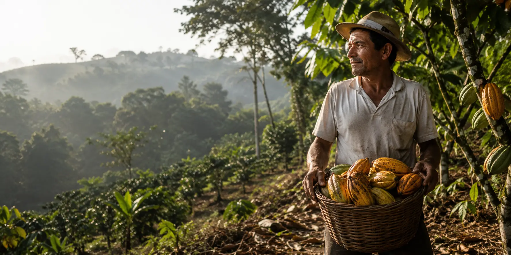 Authentic cocoa farmer carrying freshly harvested cocoa pods through a lush tropical plantation at sunrise, with soft morning light, dense green foliage, and natural documentary-style composition suitable for a sustainability or supply chain blog banner.